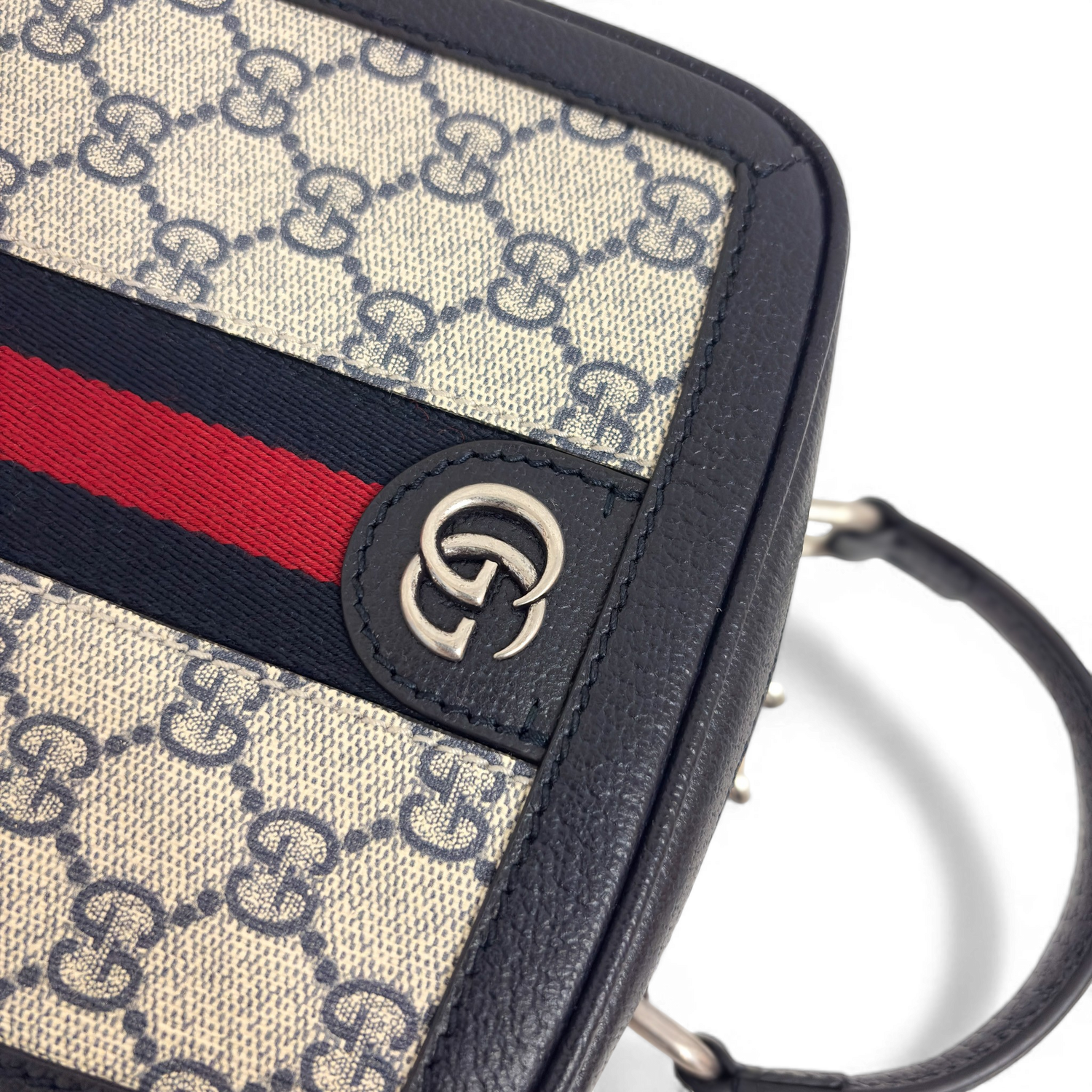 GG Supreme Monogram Small Ophidia Top Handle Shoulder Bag Beige Navy