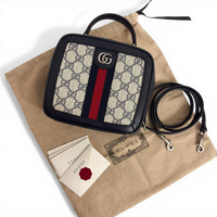 GG Supreme Monogram Small Ophidia Top Handle Shoulder Bag Beige Navy