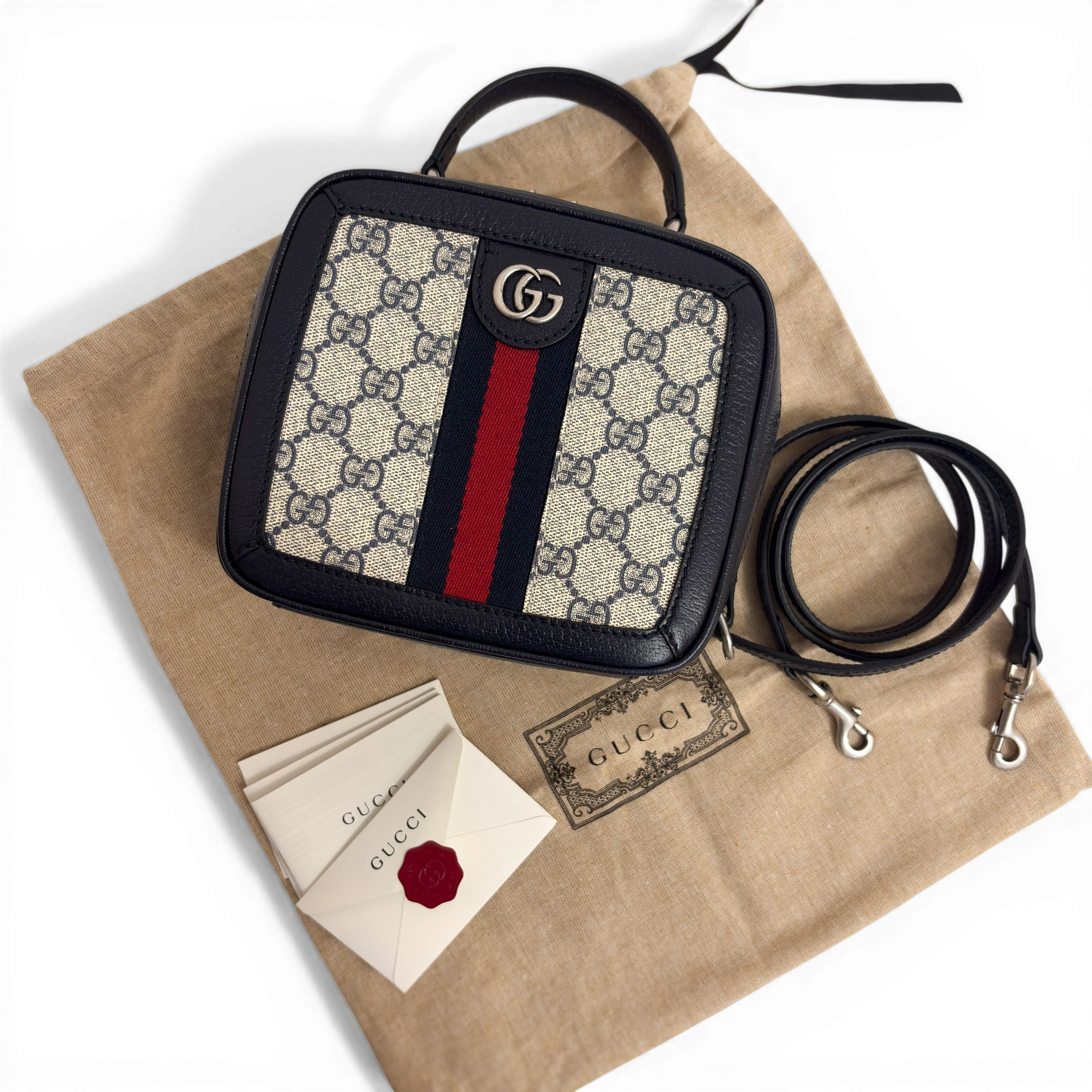 GG Supreme Monogram Small Ophidia Top Handle Shoulder Bag Beige Navy