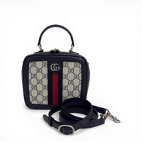 GG Supreme Monogram Small Ophidia Top Handle Shoulder Bag Beige Navy