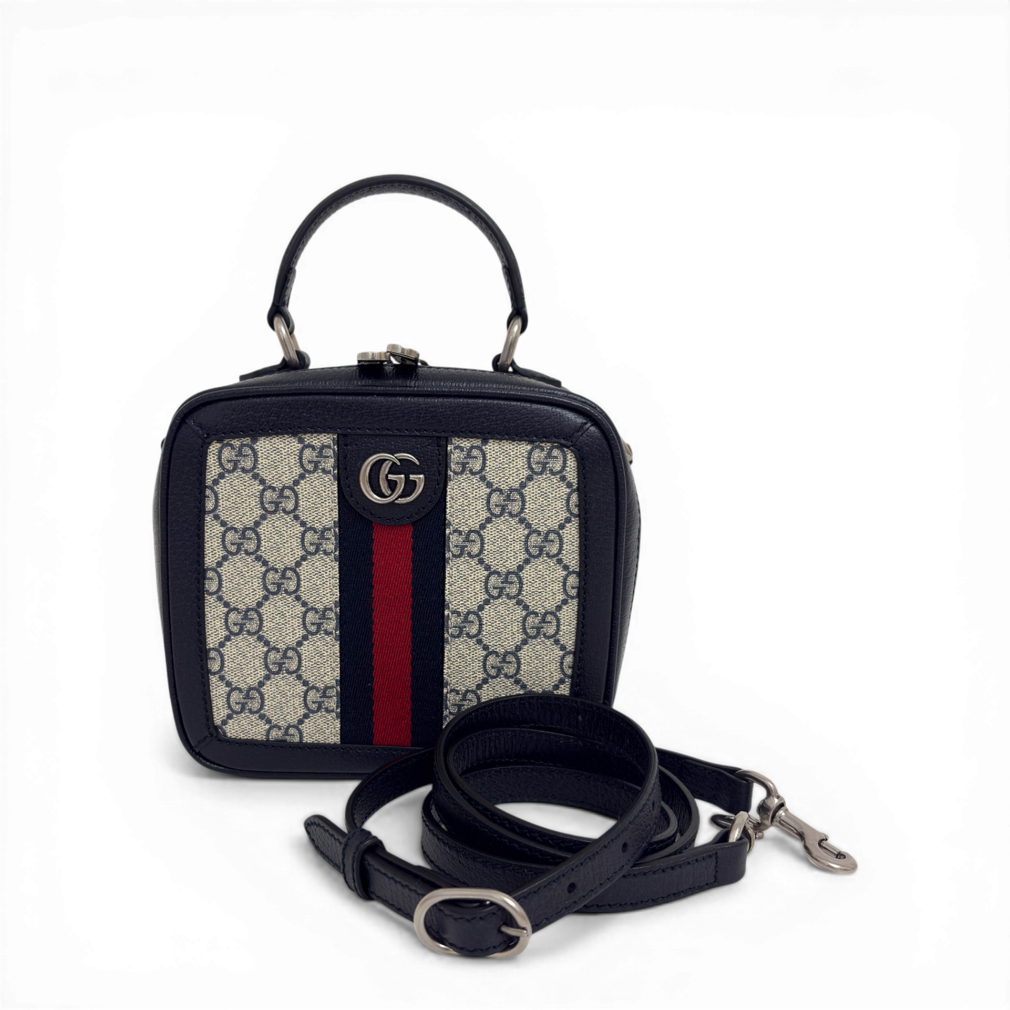 GG Supreme Monogram Small Ophidia Top Handle Shoulder Bag Beige Navy