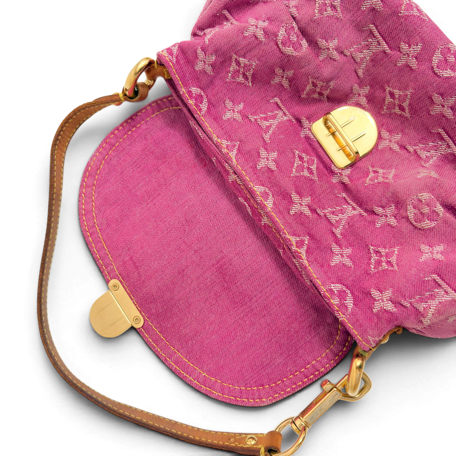 Fuchsia Monogram Denim MIni Pleaty Bag Pink