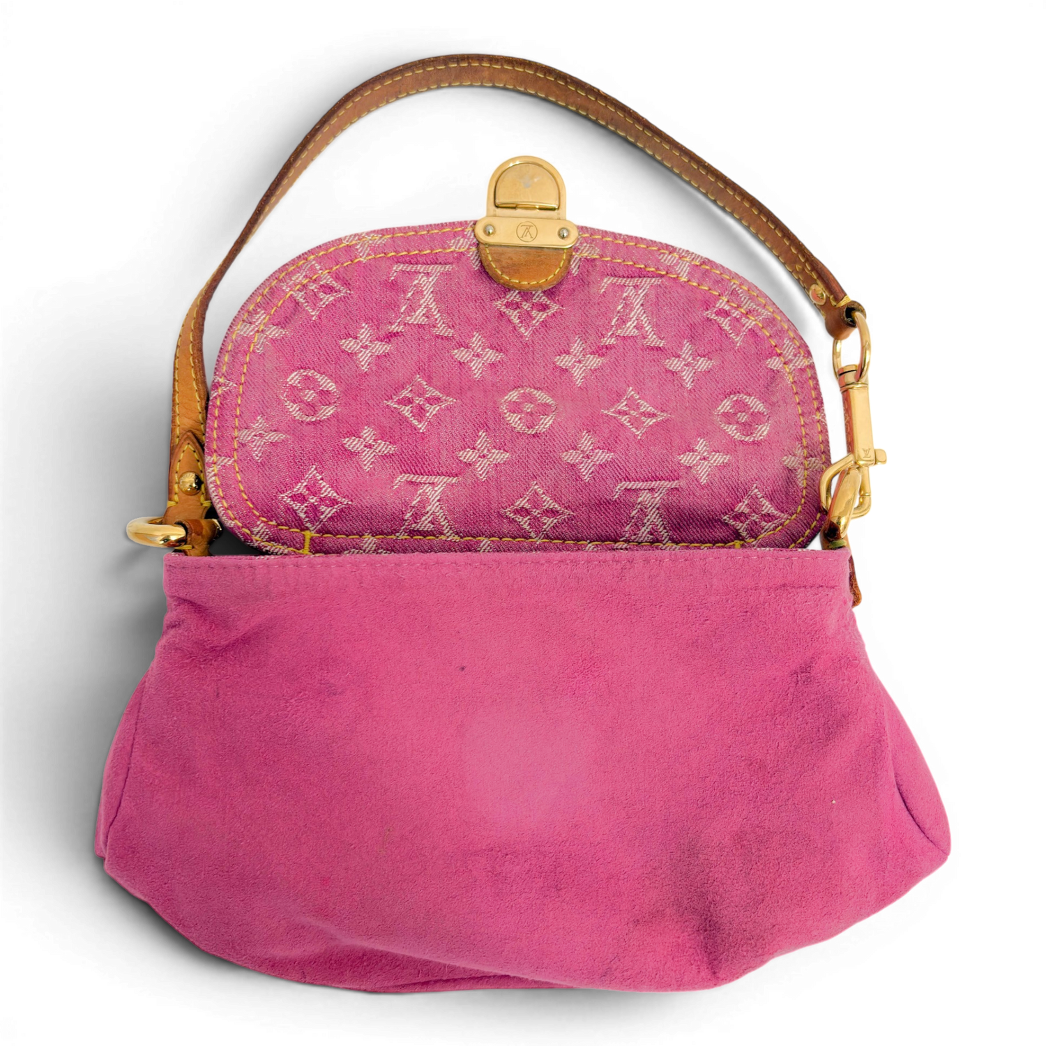 Fuchsia Monogram Denim MIni Pleaty Bag Pink