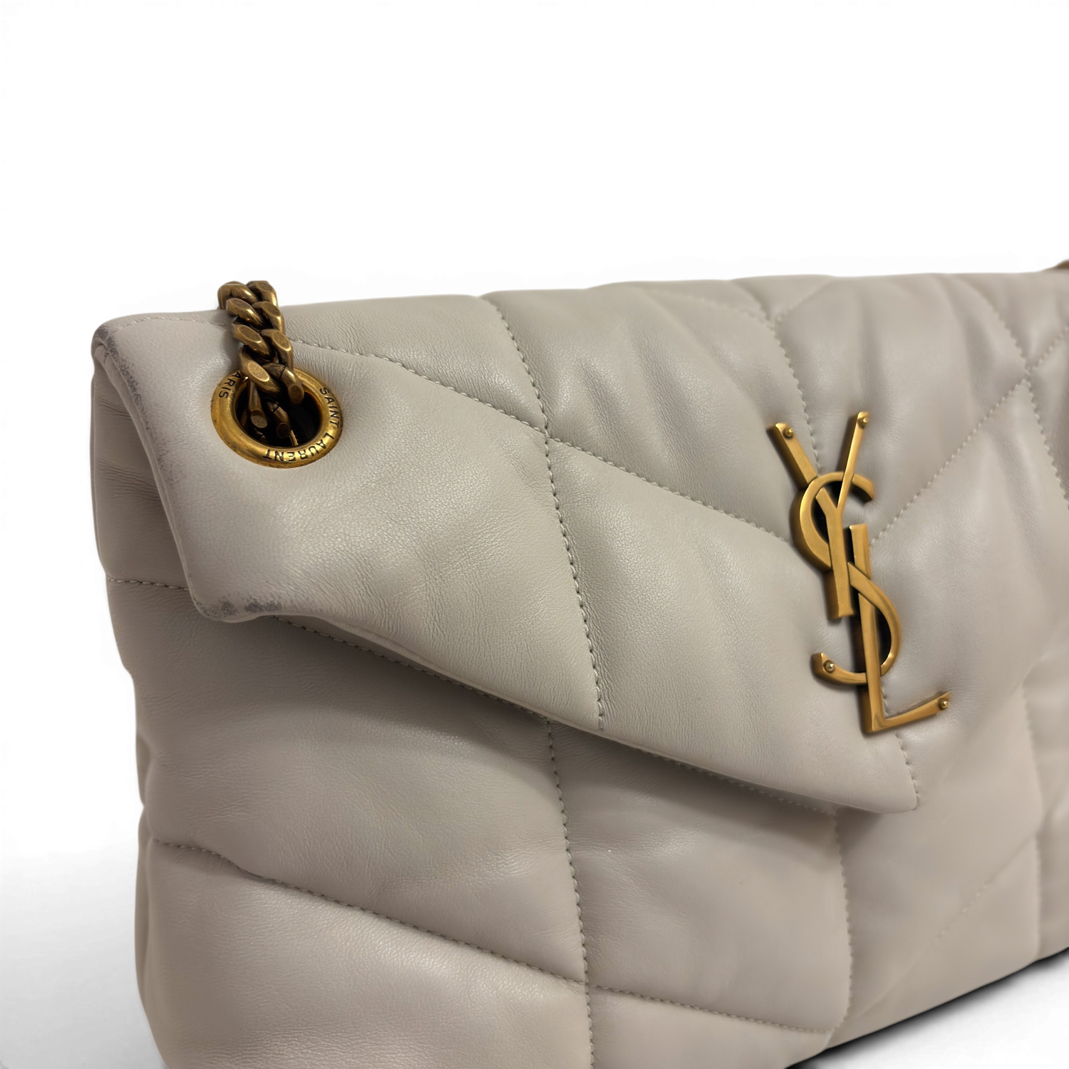 Lambskin Quilted Toy Loulou Puffer Monogram Chain Satchel Crema Soft White