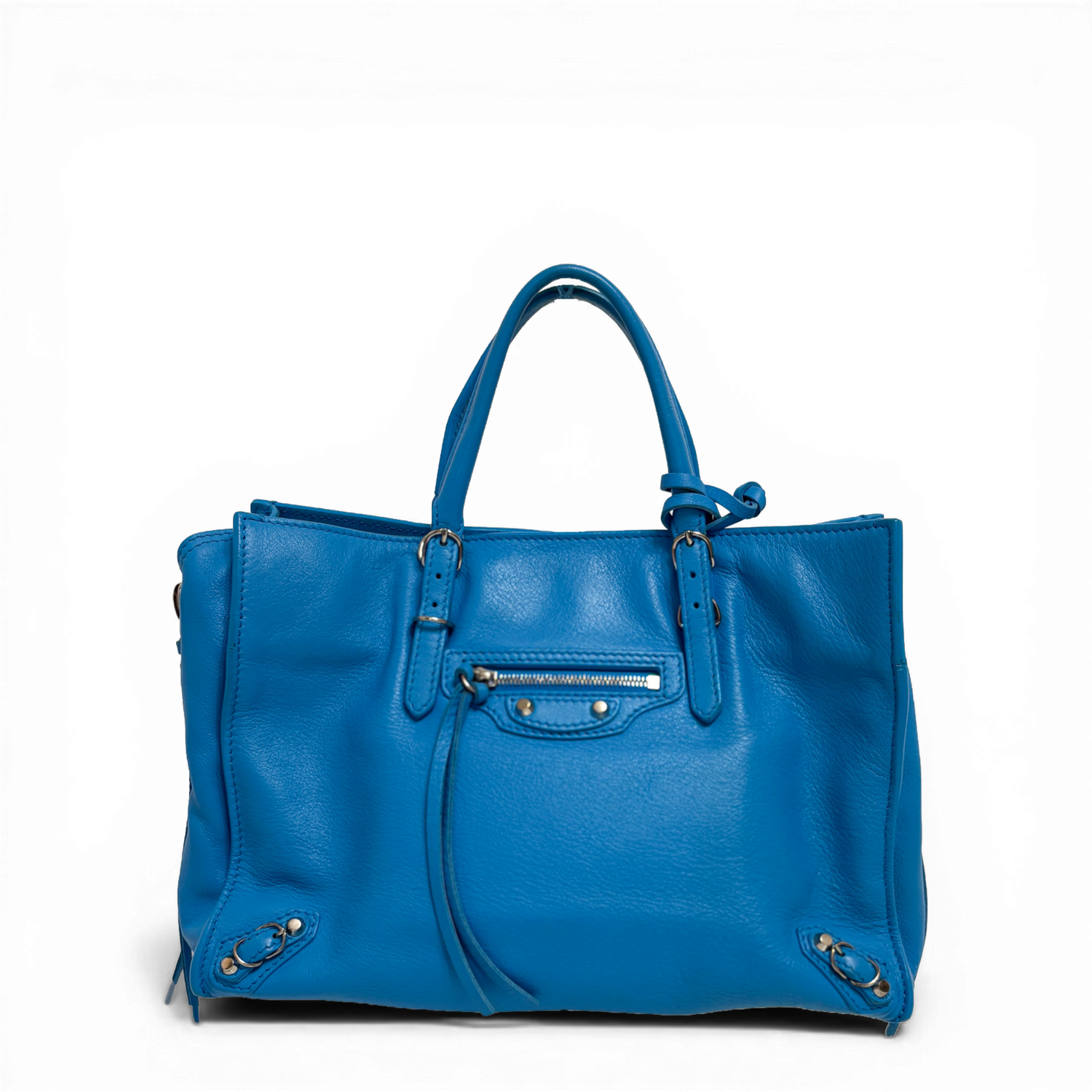 Balenciaga Classic City tote bag in blue lambskin leather with metallic studs and long tassel zippers.