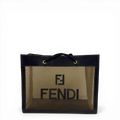 Fendi Mesh Tote Bag in black and beige leather with large logo appliqué and long rope shoulder straps.