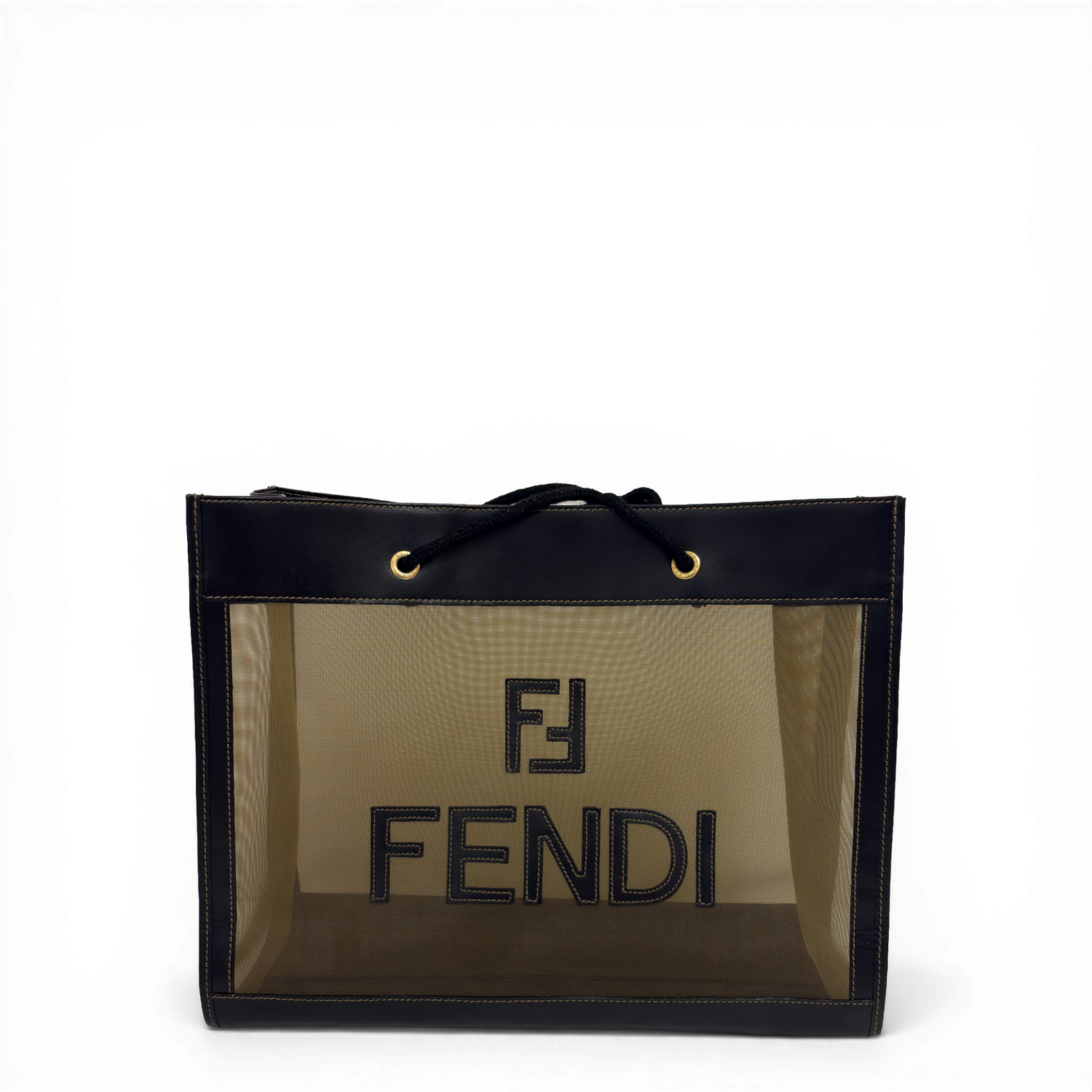 Fendi Mesh Tote Bag in black and beige leather with large logo appliqué and long rope shoulder straps.