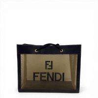 Fendi Mesh Tote Bag in black and beige leather with large logo appliqué and long rope shoulder straps.