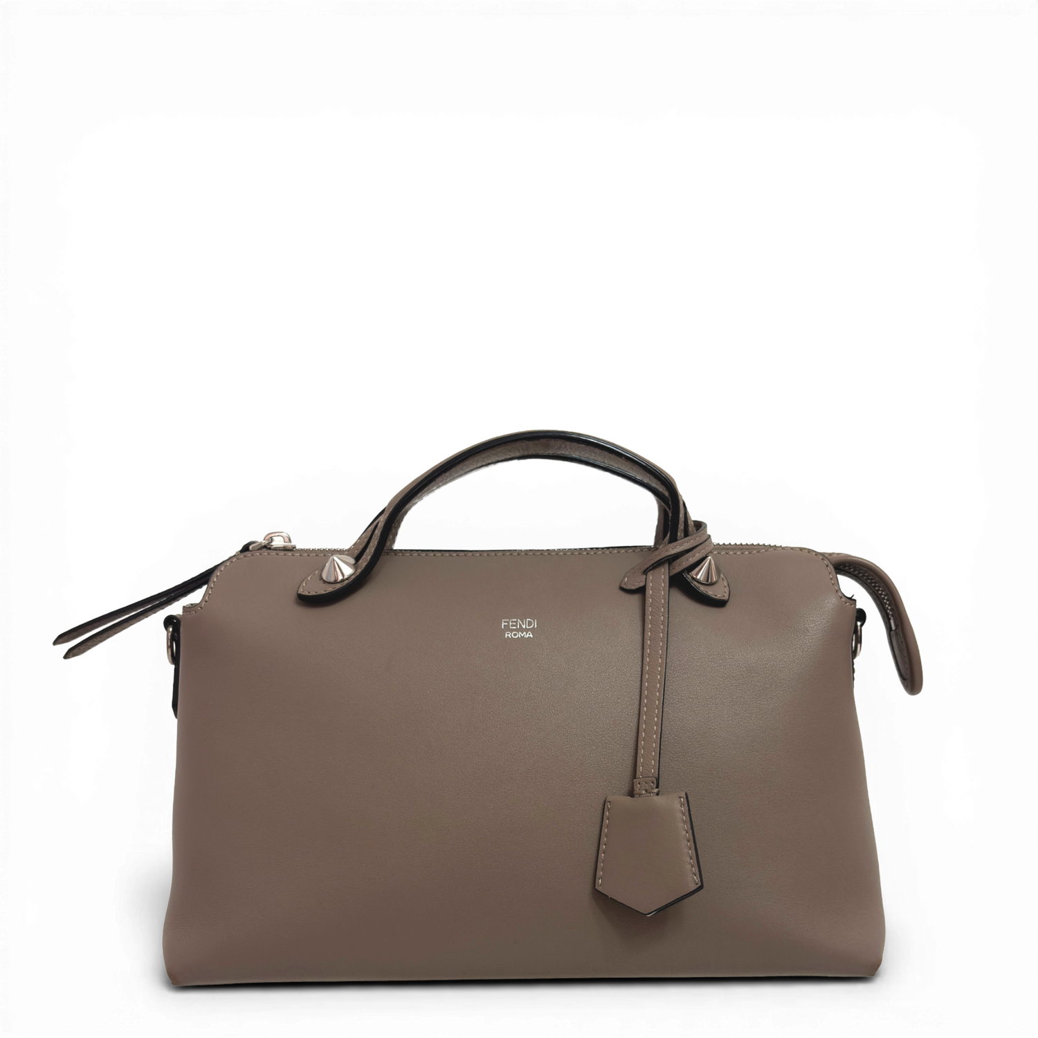 Fendi Medium By The Way Boston bag in Tortora beige calfskin with conical studs and detachable strap.