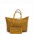 Goyard Saint Louis PM in yellow Goyardine canvas with leather handles and detachable pouch.