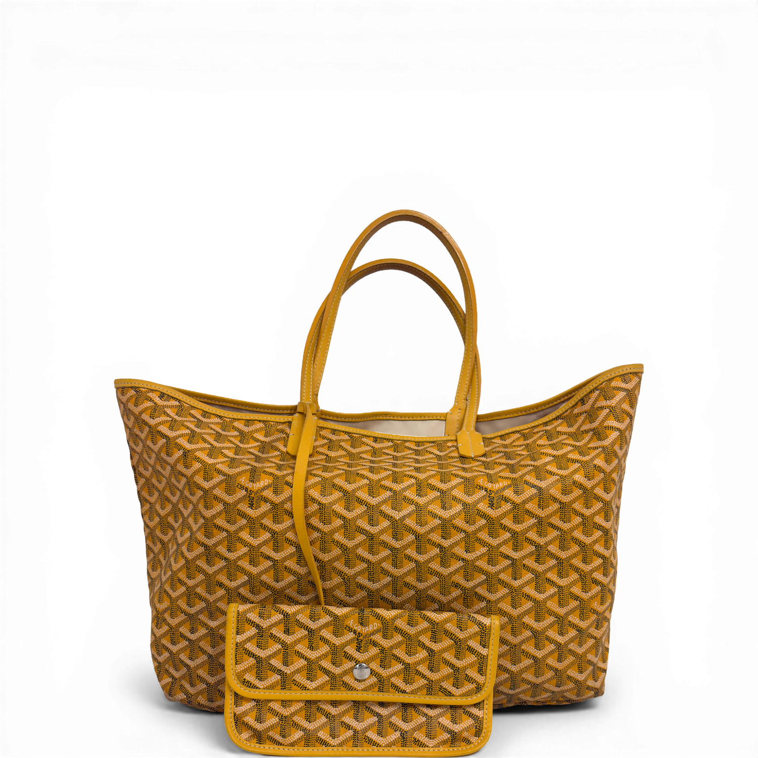 Goyard Saint Louis PM in yellow Goyardine canvas with leather handles and detachable pouch.
