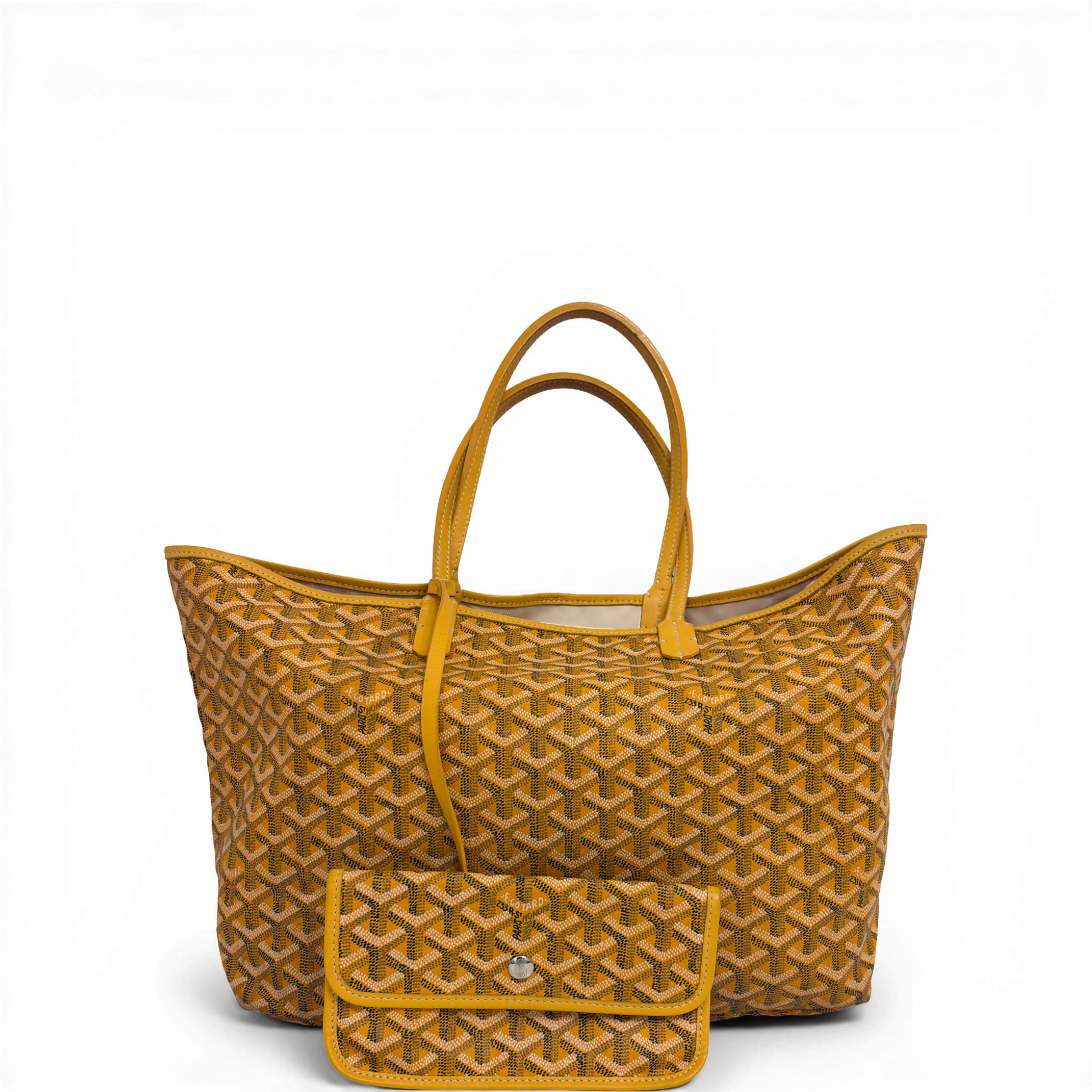 Goyard Saint Louis PM in yellow Goyardine canvas with leather handles and detachable pouch.