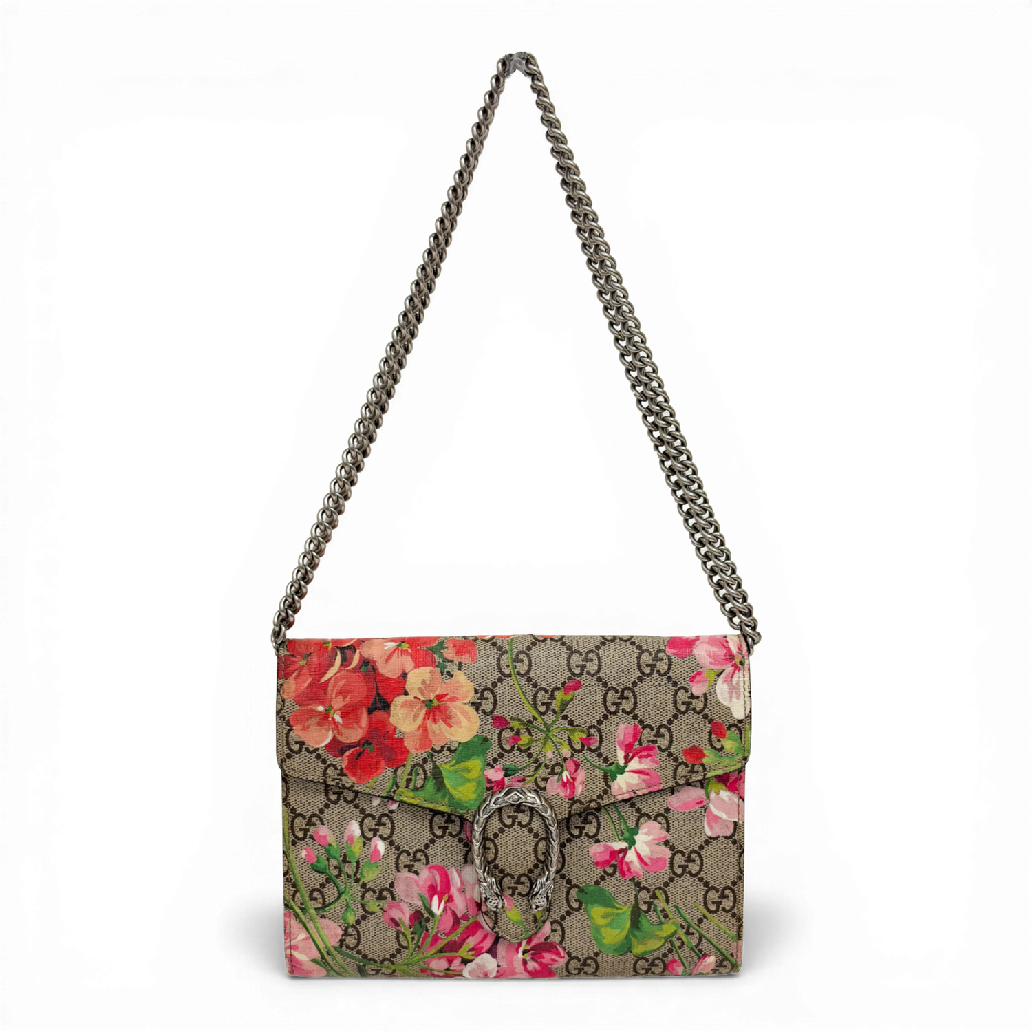 Gucci GG Supreme Dionysus shoulder bag in Pink Blooms floral print with silver-tone tiger head spur.