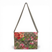 Gucci GG Supreme Dionysus shoulder bag in Pink Blooms floral print with silver-tone tiger head spur.