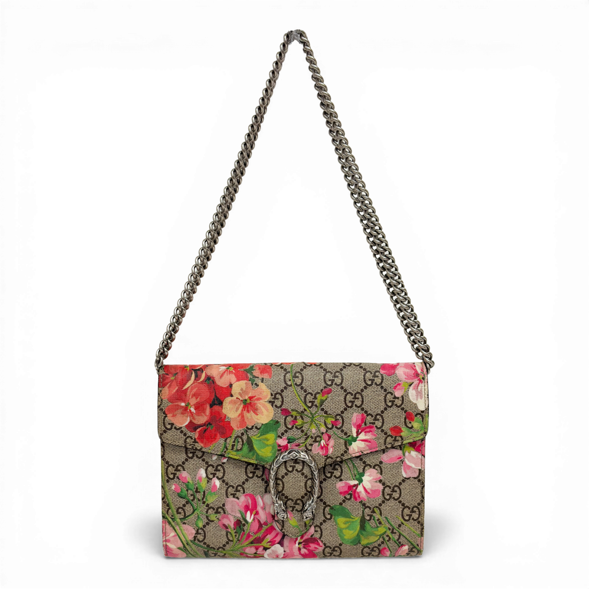 Gucci GG Supreme Dionysus shoulder bag in Pink Blooms floral print with silver-tone tiger head spur.