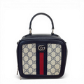 Gucci GG Supreme Small Ophidia top handle bag in beige navy with navy and red Web stripe and silver hardware.