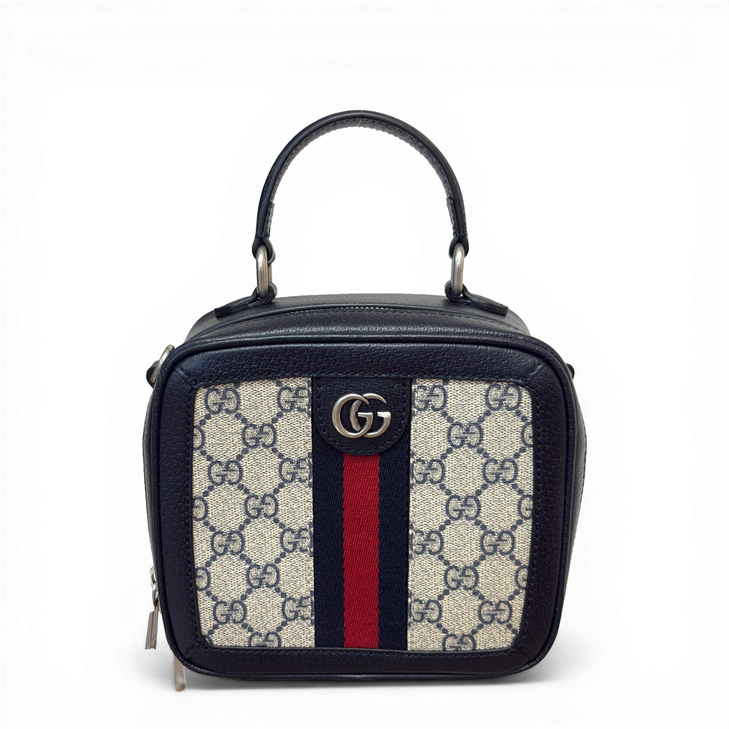 Gucci GG Supreme Small Ophidia top handle bag in beige navy with navy and red Web stripe and silver hardware.