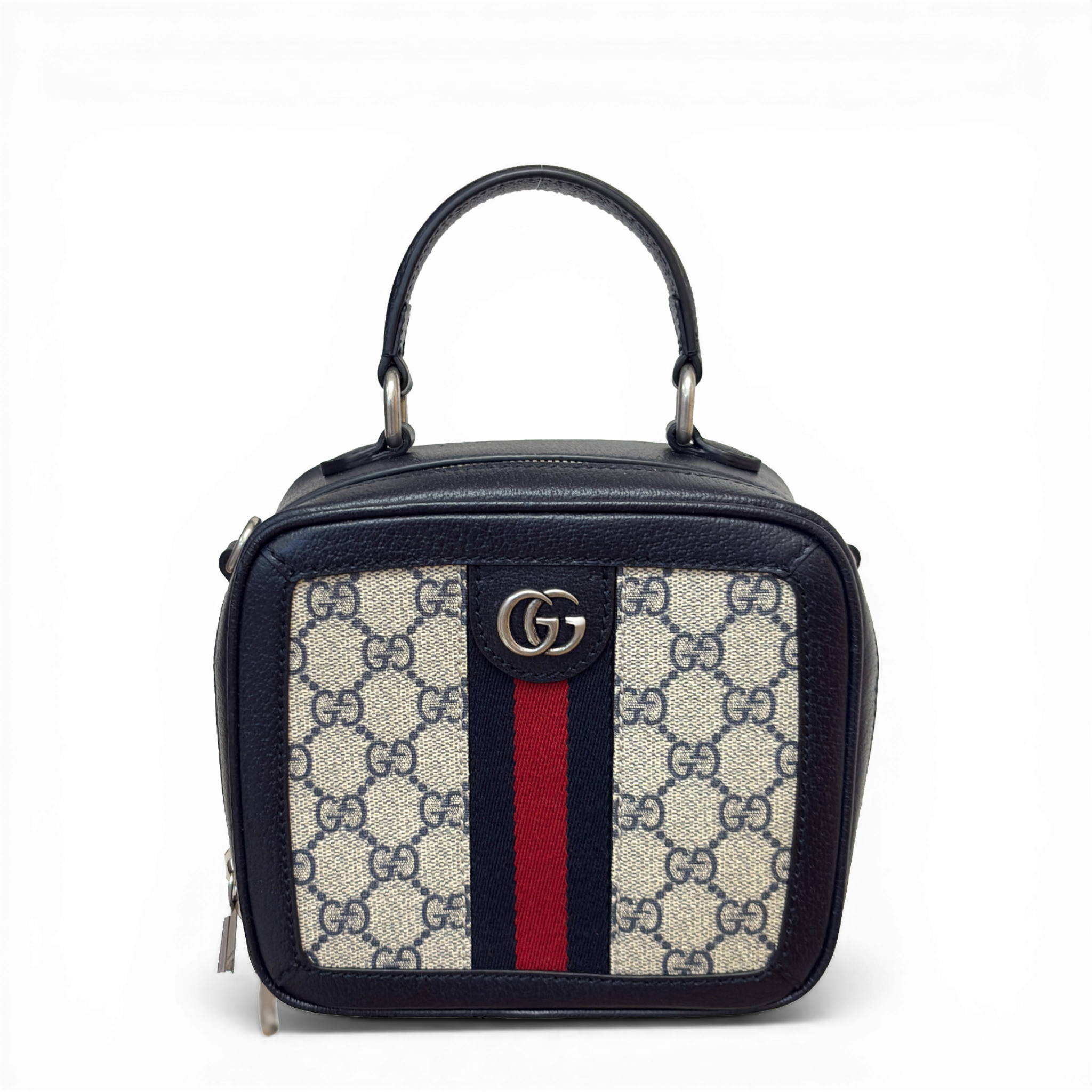 Gucci GG Supreme Small Ophidia top handle bag in beige navy with navy and red Web stripe and silver hardware.
