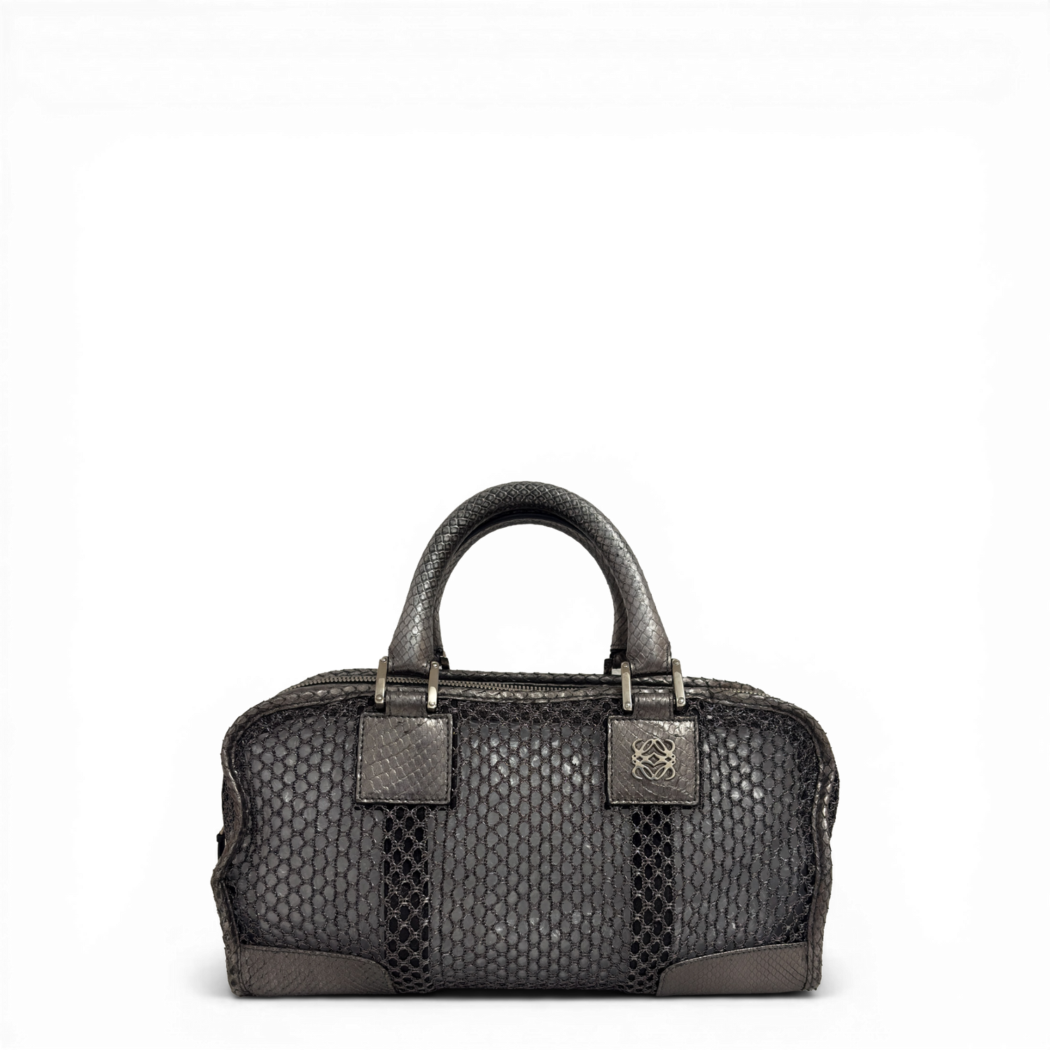 Loewe Metallic Mesh Barrel Bag in silver with python-embossed leather trim and silver-tone hardware.