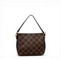 Louis Vuitton Damier Ebene Trousse Pochette in brown checkerboard canvas with detachable strap.