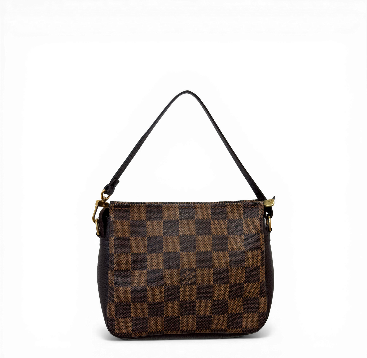 Louis Vuitton Damier Ebene Trousse Pochette in brown checkerboard canvas with detachable strap.