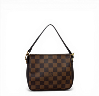 Louis Vuitton Damier Ebene Trousse Pochette in brown checkerboard canvas with detachable strap.