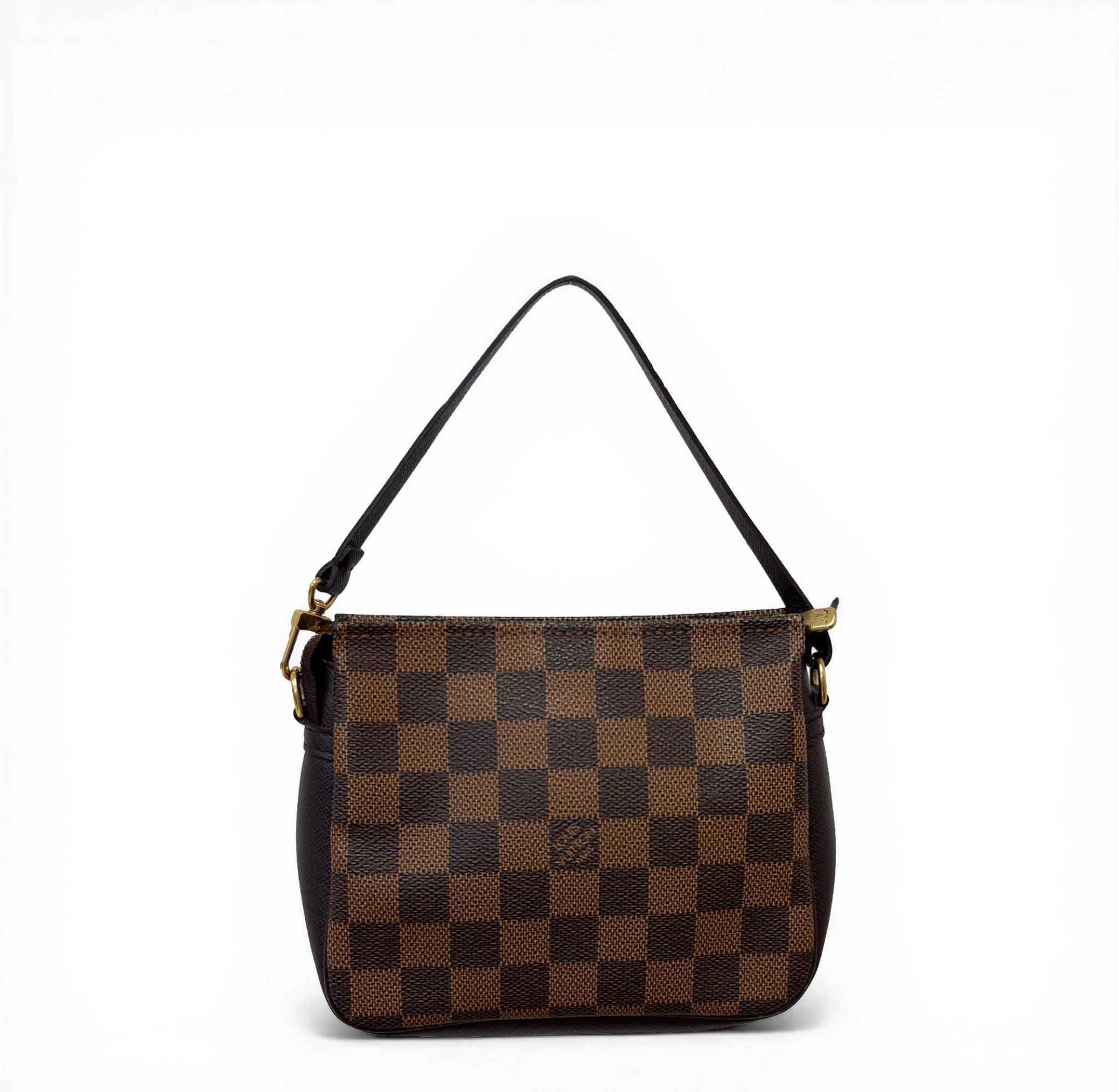 Louis Vuitton Damier Ebene Trousse Pochette in brown checkerboard canvas with detachable strap.