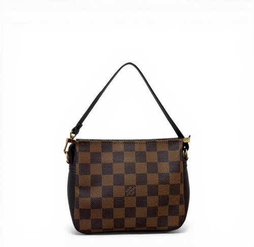 Louis Vuitton Damier Ebene Trousse Pochette in brown checkerboard canvas with detachable strap.
