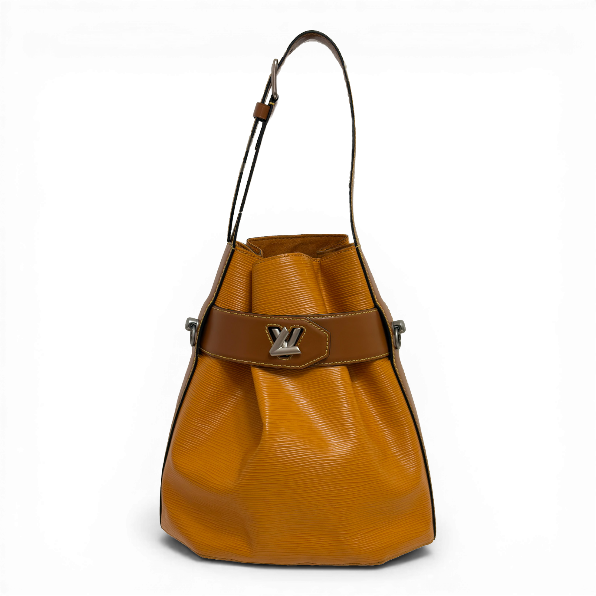 Louis Vuitton Epi NeoNoe MM in Safran Yellow with brown trim and detachable shoulder strap.