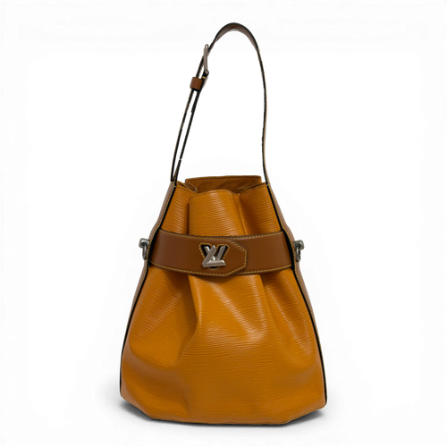 Louis Vuitton Epi NeoNoe MM in Safran Yellow with brown trim and detachable shoulder strap.