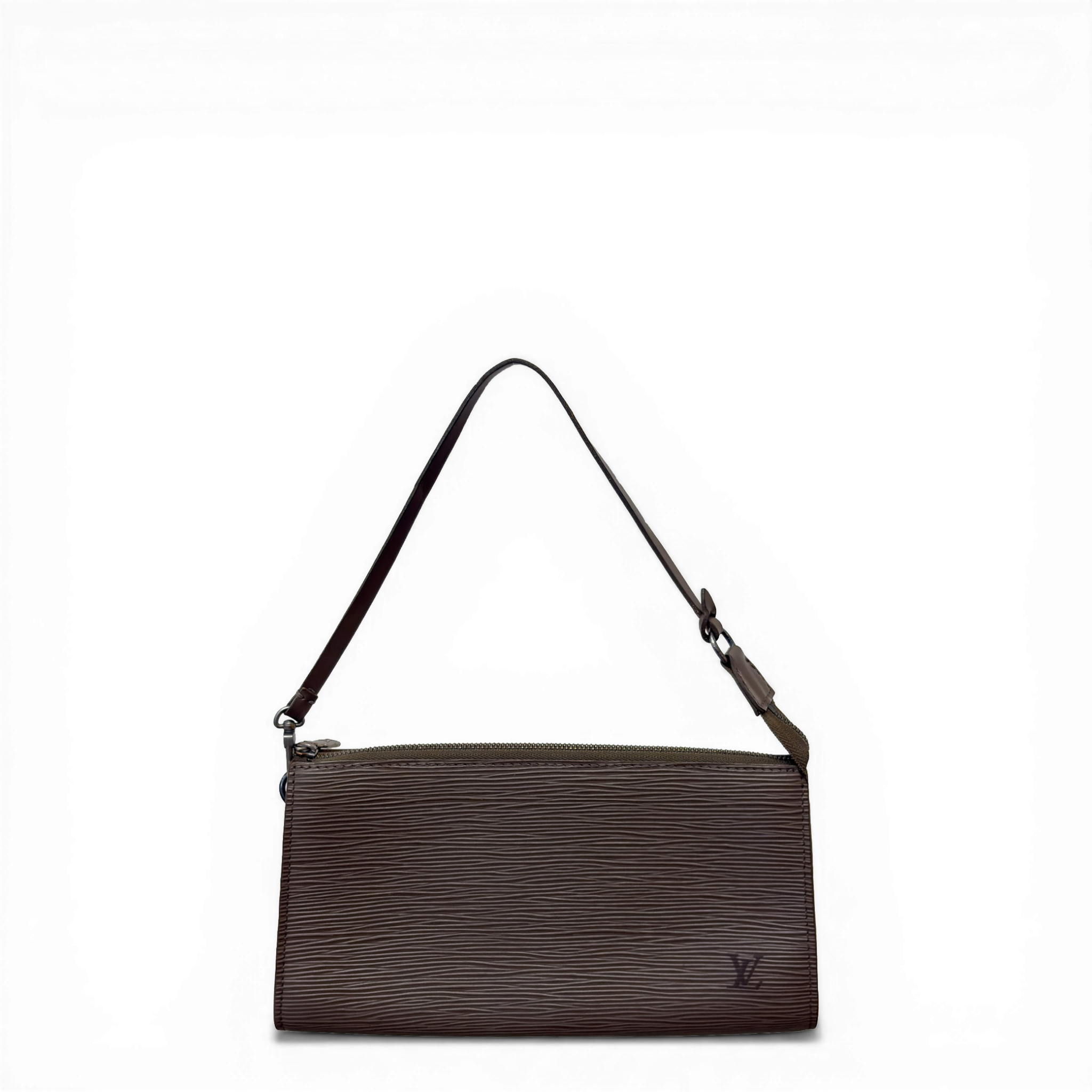 Louis Vuitton Epi Pochette Accessoires 24 in gray textured leather with detachable shoulder strap.