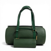 Louis Vuitton Epi Soufflot green leather barrel bag with extended shoulder straps and gold hardware.