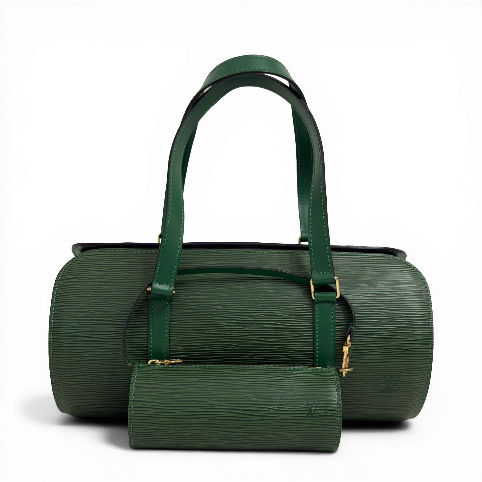 Louis Vuitton Epi Soufflot green leather barrel bag with extended shoulder straps and gold hardware.