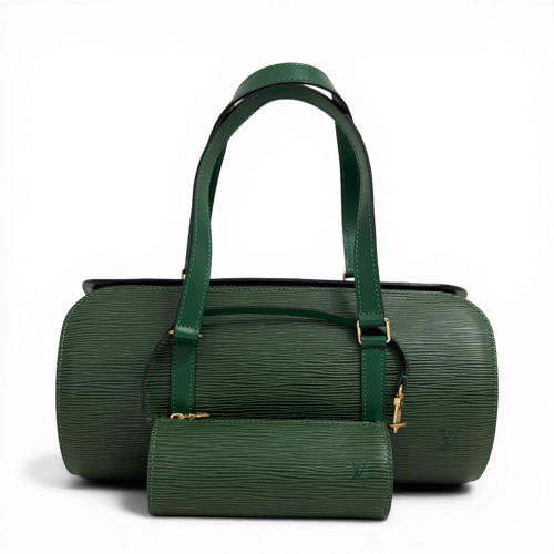 Louis Vuitton Epi Soufflot green leather barrel bag with extended shoulder straps and gold hardware.