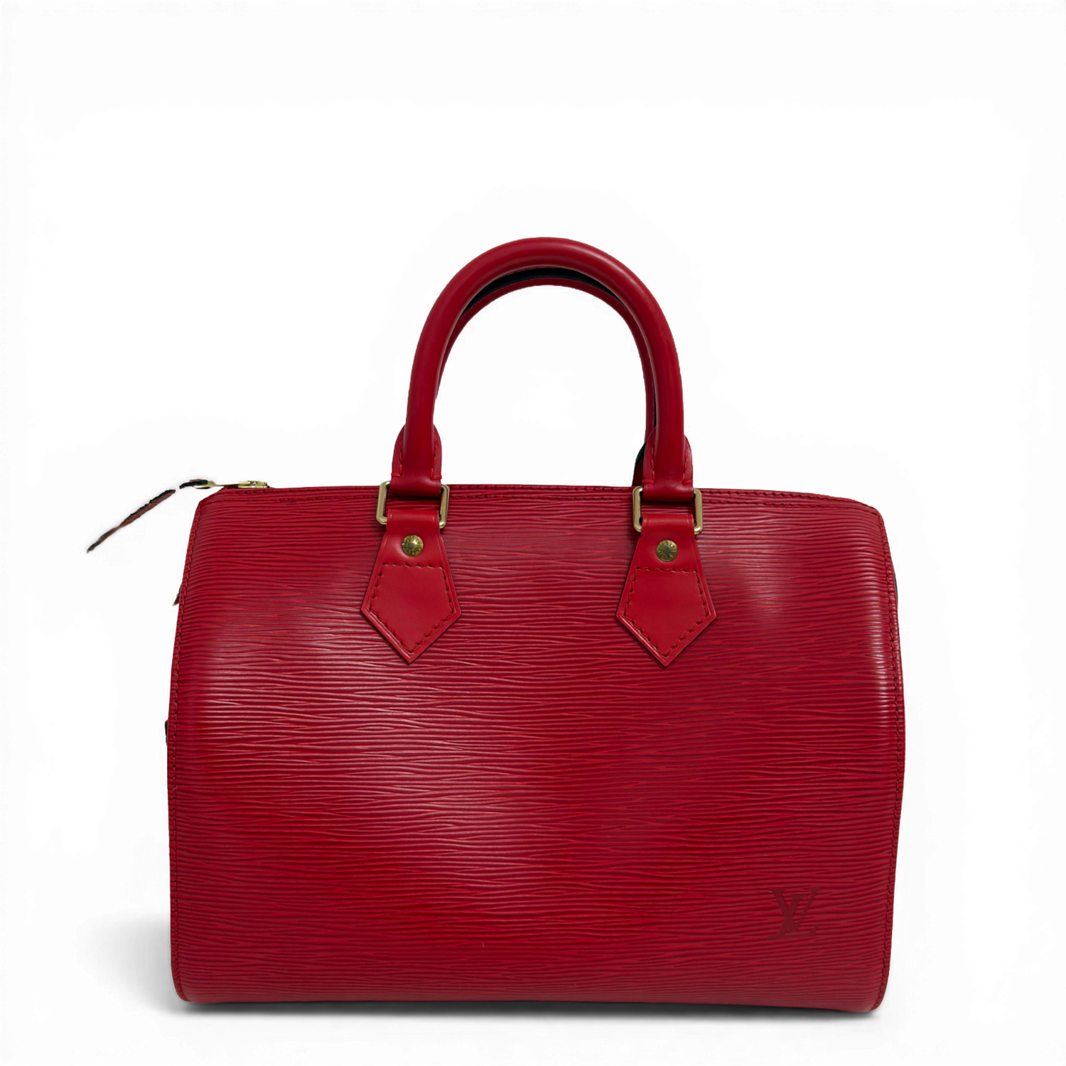 Louis Vuitton Epi Speedy 25 in Castillan Red textured leather top handle bag with gold-tone hardware.
