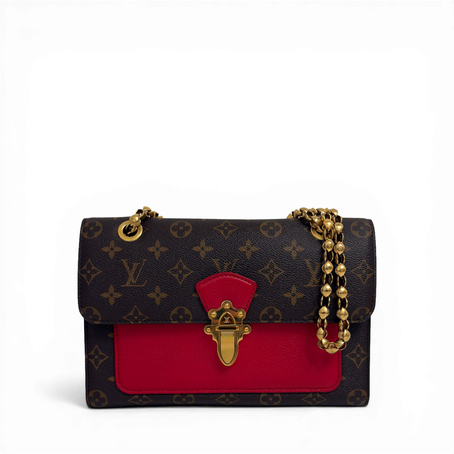 Louis Vuitton Monogram Victoire shoulder bag in Cherry red leather with gold sliding chain strap.