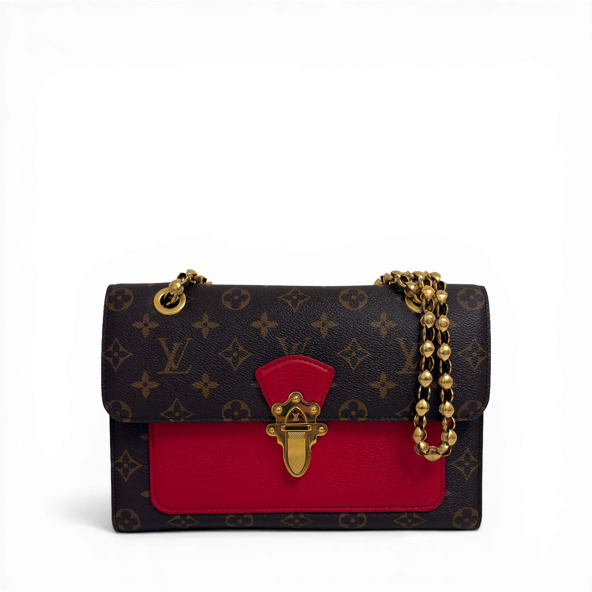 Louis Vuitton Monogram Victoire shoulder bag in Cherry red leather with gold sliding chain strap.