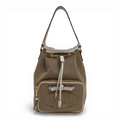 Prada Canvas Bucket Bag in beige with embroidered logo, detachable shoulder strap, and zippered pouch.