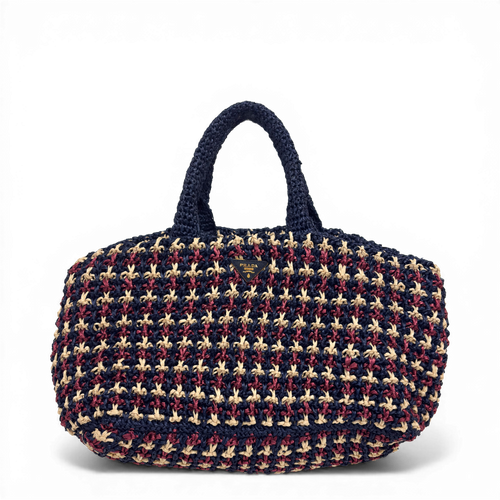 Prada Crochet Raffia Tote Bag in multicolor navy, beige, and red with enameled triangle logo.